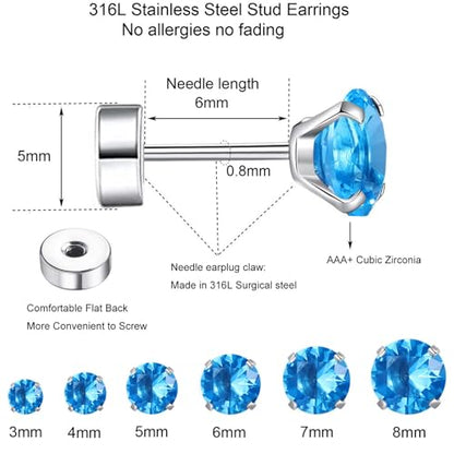 6 Pairs Surgical Steel Flat Back Earrings | CZ Stud Set | Hypoallergenic 316L Surgical Steel • Flat Back Threaded Studs for Cartilage, Helix & Lobe • 6 Mixed Sizes (3-8mm) - color: Flatback-Sea blue