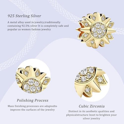 14K Gold Plated Silver Charms for Pandora, Women Heart Family Love Pet Animal Bead Dangle for Bracelets Necklace Jewelry Gift - color: B-Golden- Shining Sun