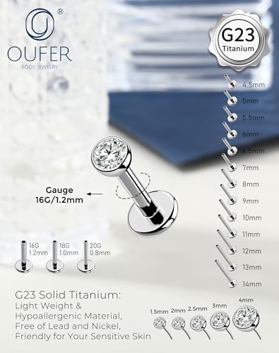 OUFER 2Pcs 20G/18G/16G G23 Titanium Threadless Nose Stud Earrings Flat Back Tiny CZ Small Nose Helix Cartilage Tragus Conch Labret Medusa Monroe Piercing Jewelry for Women Men - color: Silver, size: 2pcs, 16g 4.5mm, 4mm cz