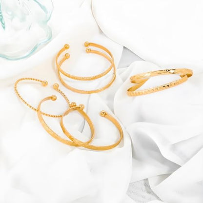 14k Gold-plated multi-layer stackable cuff Bracelet Sets for Women Adjustable Bohemian Open Bangle-Bracelets - color: 14k gold