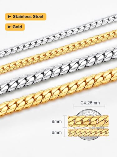 U7 Men Stainless Steel Necklace Cuban Link Chain, Flat Curb Chain Necklaces Unisex, Silver/Black/Gold Plated Chunky Hip Hop Neck Chain, 6mm/9mm Width, 18-32 Inches Length Jewelry for Mens Women - color: b. 9mm Gold, size: 26 Inches, style: a. Flat Curb