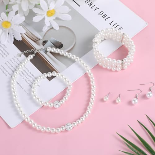 5PCS Faux Pearl Jewelry Set for Women Pearl Rhinestone Jewelry Set for Women Simulated Pearls Rhinestone Necklace Earrings Bracelet for Wedding Mother's Day Gifts Bridal Shower Tea Party Accessories