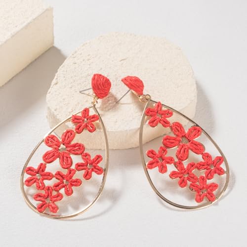 Boho Raffia Flower Teardrop Earrings Cute Colorful Dangle Trendy Jewelry | Floral Drop Statement Big Dangling Earring Hypoallergenic Gold Fun Unique Summer Spring Beach Vacation Outfits for Women - color: Red