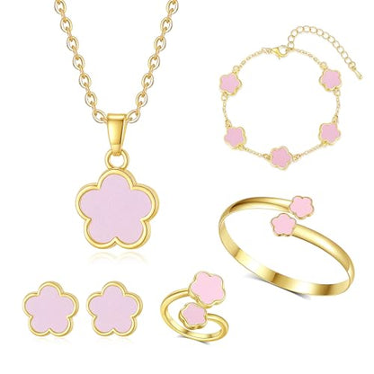 Clover Jewelry Set for Women Non Tarnish Gold-Tone Five Leaf Clover Necklace, Earrings, Ring, Bracelet Fashion Simple Floral Jewelry Set - color: Pink
