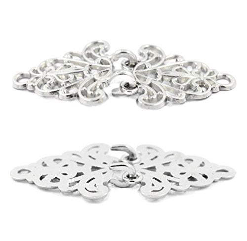 Bezelry 4 Pairs Filigree Trivet Cape or Cloak Clasp Fasteners. 64mm x 29mm Fastened. Sew On Hooks and Eyes Cardigan Clip (Silver)