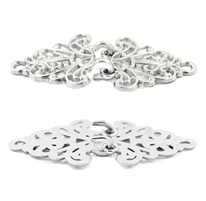 Bezelry 4 Pairs Filigree Trivet Cape or Cloak Clasp Fasteners. 64mm x 29mm Fastened. Sew On Hooks and Eyes Cardigan Clip (Silver)