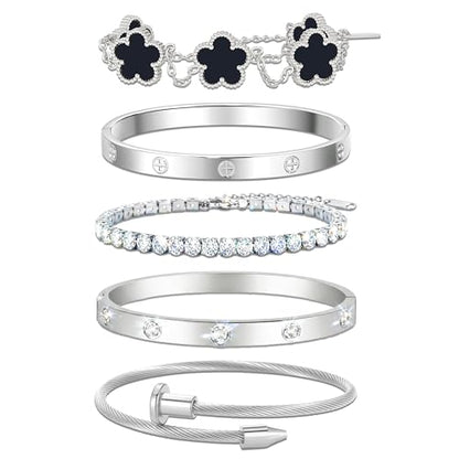 18K Gold Plated Love Bangle Bracelet Stack for Women, Adjustable Clover Bracelet & CZ Tennis Chain Set, Stackable Layered Jewelry, Fade Resistant, Long-Lasting Luster for Daily Wear & Gift - color: 5Pcs Silver Black