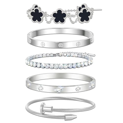 18K Gold Plated Love Bangle Bracelet Stack for Women, Adjustable Clover Bracelet & CZ Tennis Chain Set, Stackable Layered Jewelry, Fade Resistant, Long-Lasting Luster for Daily Wear & Gift - color: 5Pcs Silver Black