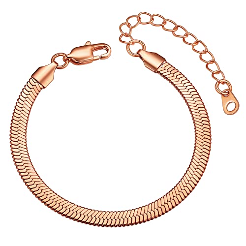 ChainsHouse Stainless Steel Herringbone Flat Chain Bracelets for Women,18K Gold/Rose Gold/Black Metal Paperclip/Snake/Cuban/Figaro Sterling Silver Link Charm Bracelet, 16+5cm Adjustable, With Gift Box - color: h. herringbone-rose gold-6mm