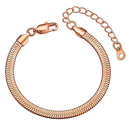 ChainsHouse Stainless Steel Herringbone Flat Chain Bracelets for Women,18K Gold/Rose Gold/Black Metal Paperclip/Snake/Cuban/Figaro Sterling Silver Link Charm Bracelet, 16+5cm Adjustable, With Gift Box - color: h. herringbone-rose gold-6mm