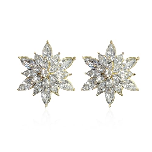 Crystal Flower Burst Stud Earrings Large Big Sparkly CZ Cubic Rhinestone Floral Cluster Flower Stud Earrings Bridal Wedding Party - color: Clear