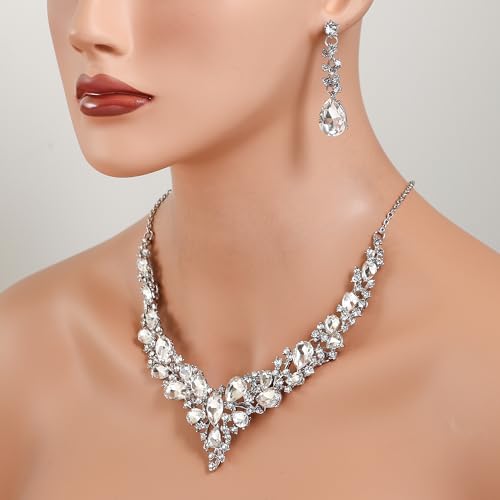 Women's Wedding Statement Necklace Dangle Earring Jewelry | Austrian Crystal Teardrop Cluster,Necklaces Earrings Set for Bride Bridesmaid,Prom Accessories - color: 10-Clear Rhodium-Tone
