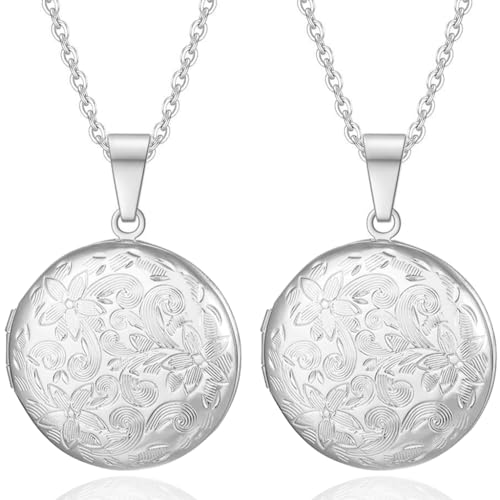 2 Pcs Locket Necklace that Holds Pictures Stainless Steel Locket Pendant Necklace Image Chain Necklaces for Women - color: Round