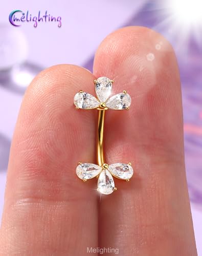 Melighting 14G Double Teardrop CZ Gold Belly Button Ring 316L Surgical Steel Navel Ring 3 Stone Drop Design Belly Bar Piercing Jewelry for Women 8 mm/10 mm - color: Gold, size: 14G8mm