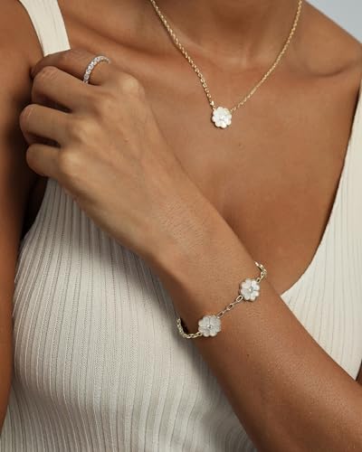 PAVOI 14K Gold Plated Clover Bracelets for Women - Flower Four Leaf Clover Bracelet - Mother of Pearl & Onyx Gemstone Lucky Flower Design - Adjustable Trendy Jewelry Gifts - style: Mother of Pearl Flower