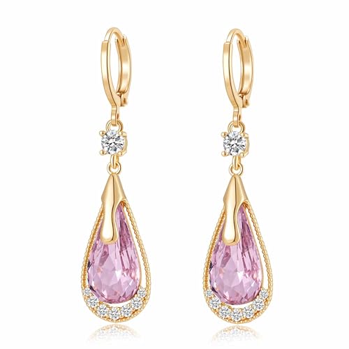 Trendy Austrian Crystal Teardrop Drop Huggie Dangle Earrings for Women 14k Rose Gold Plated Hypoallergenic Jewelry Gifts - color: Pink