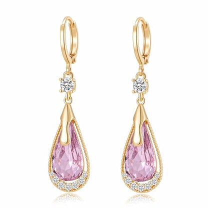 Trendy Austrian Crystal Teardrop Drop Huggie Dangle Earrings for Women 14k Rose Gold Plated Hypoallergenic Jewelry Gifts - color: Pink