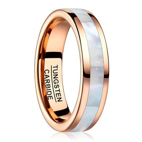 Vakki 4mm 6mm Womens Rose Gold Tungsten Carbide Ring with Mother of Pearl Shell/Marble Inlaid Wedding Band Comfort Fit Size 5-12 - color: E-6mm-Mother of Pearl