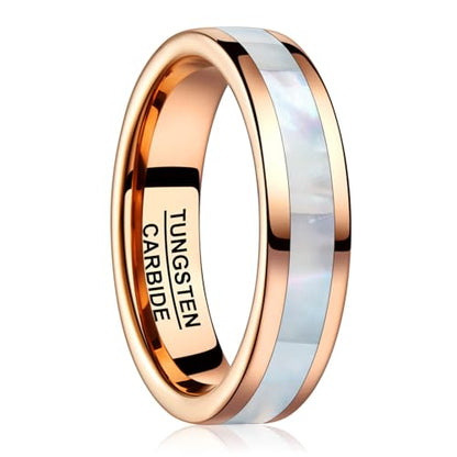 Vakki 4mm 6mm Womens Rose Gold Tungsten Carbide Ring with Mother of Pearl Shell/Marble Inlaid Wedding Band Comfort Fit Size 5-12 - color: E-6mm-Mother of Pearl