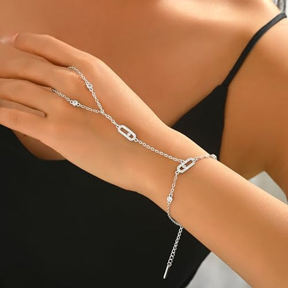 14K Gold Plated Paperclip Finger Chain Bracelet for Women | Adjustable Stackable Cubic Zirconia Hand Chain, Mother Daughter Birthday Wedding Jewelry Gifts - color: Silver