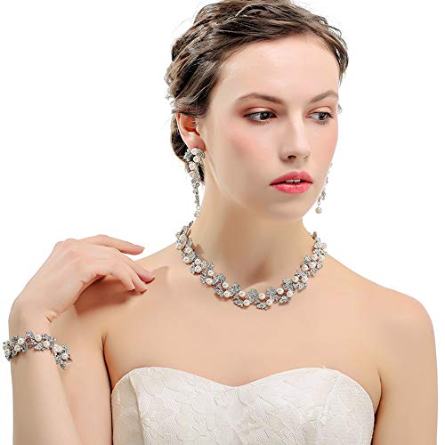 Simulated Pearl Leave Floral Bridal Jewelry Sets, Crystal Wedding Necklace Earrings Bracelet Sets Jewelry Engagement Gift - color: B-Clear