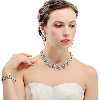 Simulated Pearl Leave Floral Bridal Jewelry Sets, Crystal Wedding Necklace Earrings Bracelet Sets Jewelry Engagement Gift - color: B-Clear