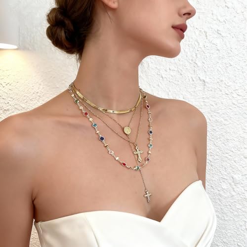 Layered Necklace for Women, Cross Pendant Y Necklace Set, 18K Gold Plated Dainty Stackable Jewelry Gift for Everyday Wear - style: 4PCS - F
