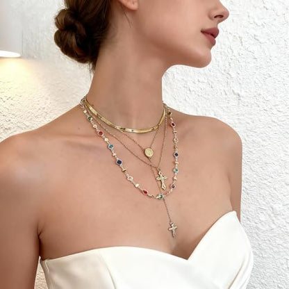 Layered Necklace for Women, Cross Pendant Y Necklace Set, 18K Gold Plated Dainty Stackable Jewelry Gift for Everyday Wear - style: 4PCS - F