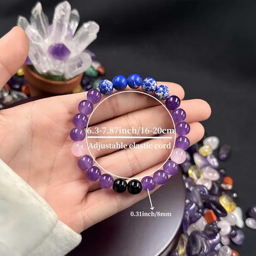 Amethyst Bracelet for Women Men, Elegant Handmade Natural Gem Stone Round Beaded Stretch Elastic Adjustable Healing Bracelets 8mm Gifts - color: AL-0086, size: Medium