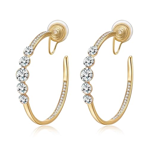 EVEVIC Austrian Crystal Hoop Clip On Earrings for Women | 14K Gold Plated,Silicone Comfort Pad,Versatile for Daily and Formal Occasions,Gift Box Included - color: White Clear