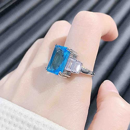 Moissanite Diamond Ring for Women 925 Sterling Silver Shiny Huge CZ Crystal Gemstone Open Adjustable Wedding Ring - color: Blue
