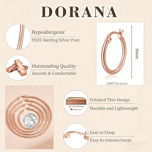 2mm Thin 14K Gold Plated Large S925 Sterling Silver Hoop Earrings for Women Hypoallergenic Big Hoop Non Tarnish Earrings Lightweight 20/30/40/50/60/70mm - color: Rose Gold-30mm