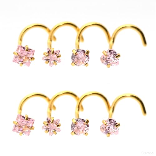 8 Pcs-Pack, Crystal Nose Studs, 20G Stainless Steel, 3mm Zircon, Multiple Shapes Zircon Labret Nose Piercing Ear Jewelry - color: Pink