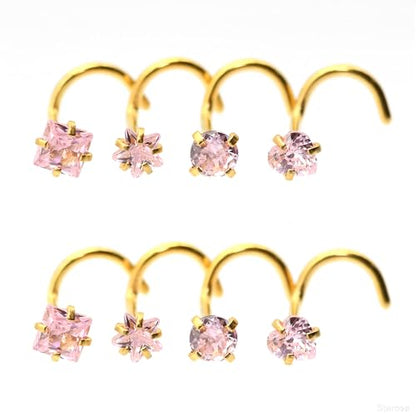 8 Pcs-Pack, Crystal Nose Studs, 20G Stainless Steel, 3mm Zircon, Multiple Shapes Zircon Labret Nose Piercing Ear Jewelry - color: Pink