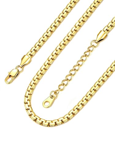 Bandmax Solid Stainless Steel Flat Box Link Chains 2MM/4MM/6MM/8MM Silver/Gold/Black Rolo Cable Chain Necklaces for Men Women 14"-30" Length, Gift Packed - color: 06 4MM-14K Gold Plated