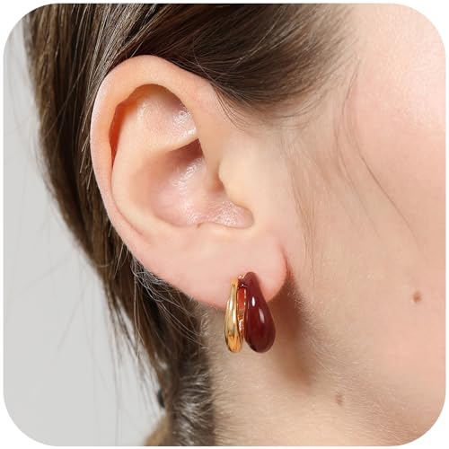Chunky Resin Teardrop Earrings, 18K Gold Acrylic Resin Drop Hoops，Hypoallergenic Fashion Jewelry for Women,18K Gold Plated Resin Drop Earrings - color: Wine Red