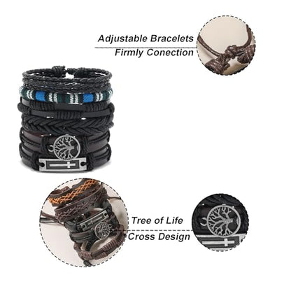 36Pcs Braided Leather Bracelets for Men Women Wrap Wood Beads Cuff Bracelet Hemp Cords Ethnic Tribal Handmade Wrap Wristband Bracelets Set Adjustable