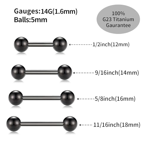 PEAKLINK Internally Threaded Nipple Rings Titanium Nipple Bars Piercing Jewelry 1 Pair Tongue Rings Eyebrow Jewelry Bridge Piercings - color: Black Nipple Straight Barbell