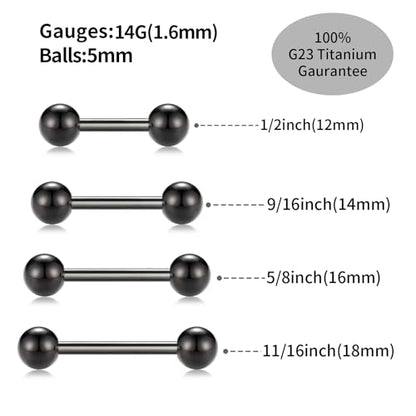 PEAKLINK Internally Threaded Nipple Rings Titanium Nipple Bars Piercing Jewelry 1 Pair Tongue Rings Eyebrow Jewelry Bridge Piercings - color: Black Nipple Straight Barbell