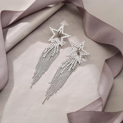 EVER FAITH Crystal Long Waterfall Star Tassel Clip-on Earrings for Women | Rhinestone Beaded Fringe Chandelier Dangle Statement Earring, Wedding Party Jewelry - color: Clear Silver-Tone