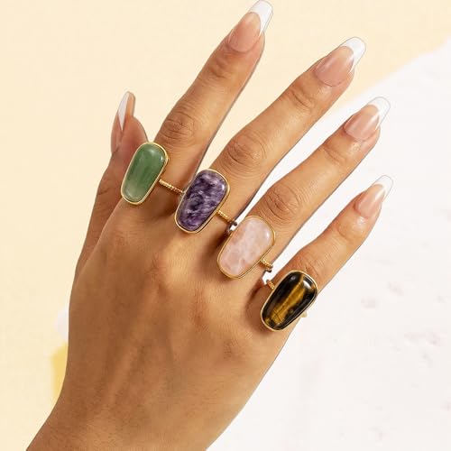 OIDIMS Gemstone Statement Ring for Women Gold-Tone Stainless Steel Natural Stone Rose Quartz Aventurine Turquoise Adjustable Open Band Stacking Finger Rings Boho Cocktail Wedding Party Jewelry - color: Blue Sodalite