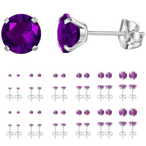 12 Pairs Stud Earrings Set, Hypoallergenic Surgical Stainless Steel 316L Earring for Women Men, Small Earring Studs Pack with Cubic Zirconia - color: Purple-6 Sizes-3，4，5，6，7，8