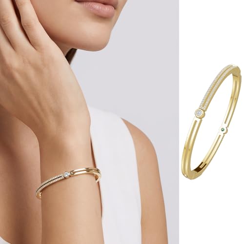 AuraLyric Gold Bracelets for Women, 14K Gold Plated Nail/Love/Emerald Green/Teardrop/Round White CZ Bangle Bracelets, Stackable Gold Bangles Non Tarnish, Gifts for Wife Mom Daughter 6.5 Inch - color: Green & White CZ - Round