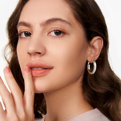 SHOWNII Chunky Gold Hoop Earrings - 14K Gold Plated Earrings for Women Hollow Tube Lightweight Thick Hoops 20/25/30/40mm Valentines Graduation Mother's Day Birthday Gifts - color: 30 Millimeters-White Gold Plated