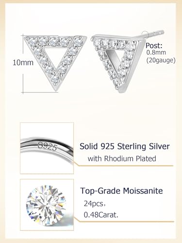 All Moissanites Sparkly Geometric Stud Earrings for Women, Solid 925 Sterling Silver with Rhodium/Gold Plated Hypoallergenic, Lightweight Comfy Earrings - color: Triangle - White Gold