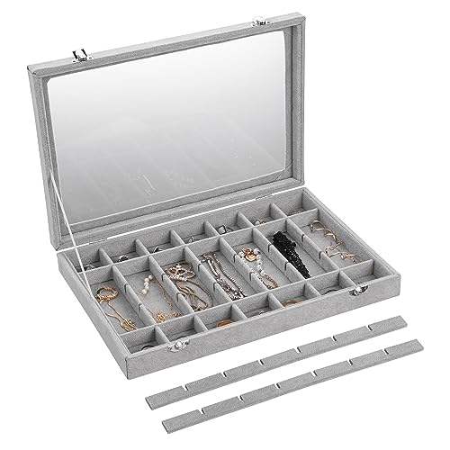 Frebeauty Velvet Jewelry Tray,35 Grid Jewelry Organizer with Clear Lid,Earring Holder Organizer Case with Clasp,Drawer Insert for Rings Studs,13.8 x 9.5 x 2 Inches,Gift for Women Girls(Grey) | Drawer Jewelry Organizer for Rings Studs Beads,Adjustable Divi