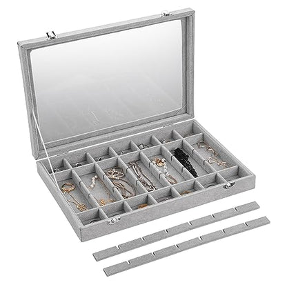 Frebeauty Velvet Jewelry Tray,35 Grid Jewelry Organizer with Clear Lid,Earring Holder Organizer Case with Clasp,Drawer Insert for Rings Studs,13.8 x 9.5 x 2 Inches,Gift for Women Girls(Grey) | Drawer Jewelry Organizer for Rings Studs Beads,Adjustable Divi