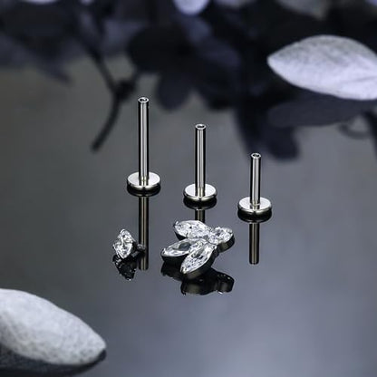 Titanium Flat Back Lip Rings Internally Threaded Earrings Studs Nose Rings 16G Opal CZ Tragus Cartilage Lobe Rook Helix Conch Labret Medusa Piercing Jewelry for Women Men W Piercing Taper Set - style: Four CZ