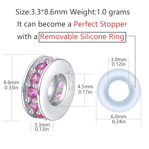 Clip Stopper Charms Sterling Silver Rondelle Spacer Bead Charm Stopper Charm for Pandora Charm Bracelets - color: Pink (4 pcs )