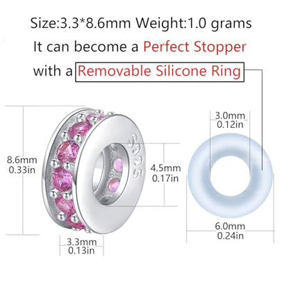 Clip Stopper Charms Sterling Silver Rondelle Spacer Bead Charm Stopper Charm for Pandora Charm Bracelets - color: Pink (4 pcs )